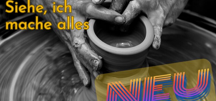 Töpferhand mit Tonkrug im Entstehen in schwarz weiß mit buntem Text der Jahreslosung 2026